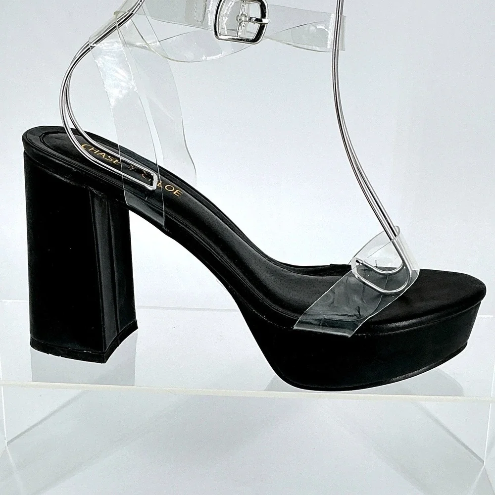 CHASE AND CHLOE Size 8.5 Black Clear Strap Platform Chunky‎ Heel Hela Sandals